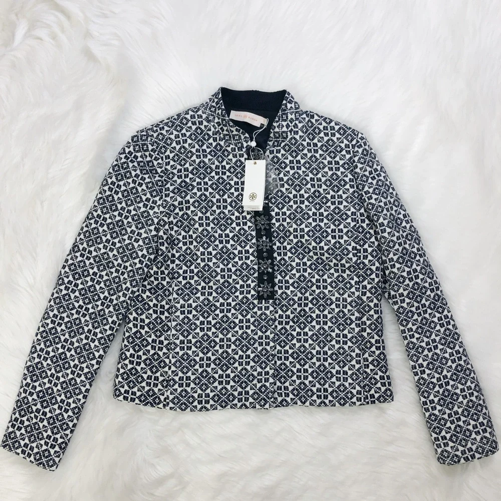 NWT Tory Burch Embellished Crystal Jeweled Blazer Jacquard Cotton Blend Jacket